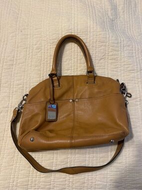 Leather Crossbody Satchel in Tan with Top Handles